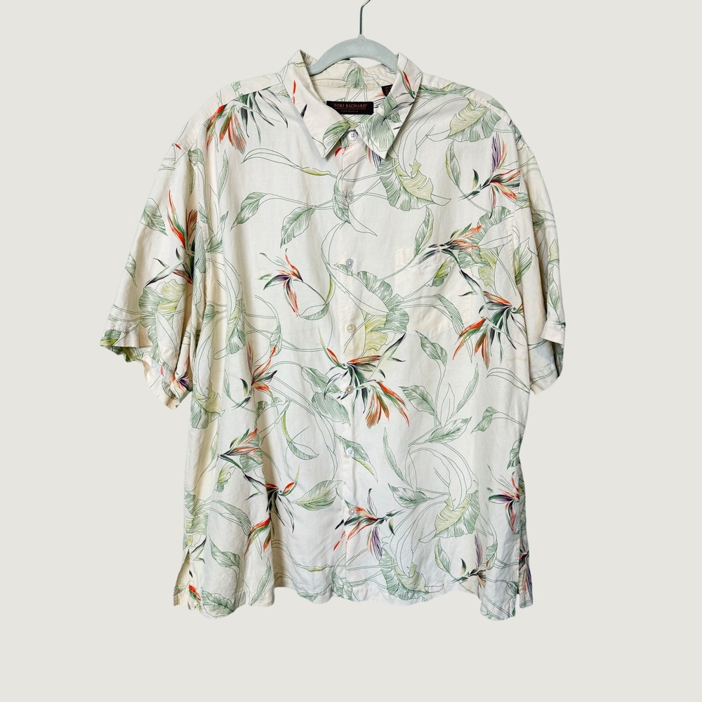 Tori Richard Honolulu Mens 2XL Silk Linen Bird of Paradise Aloha Shirt Cream